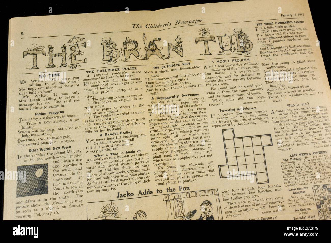 'The Bran Tub', a childrens puzzle page inside 'Children's Newspaper' 15th Feb 1941, a piece replica memorabilia relating to children during WWII. Stock Photo