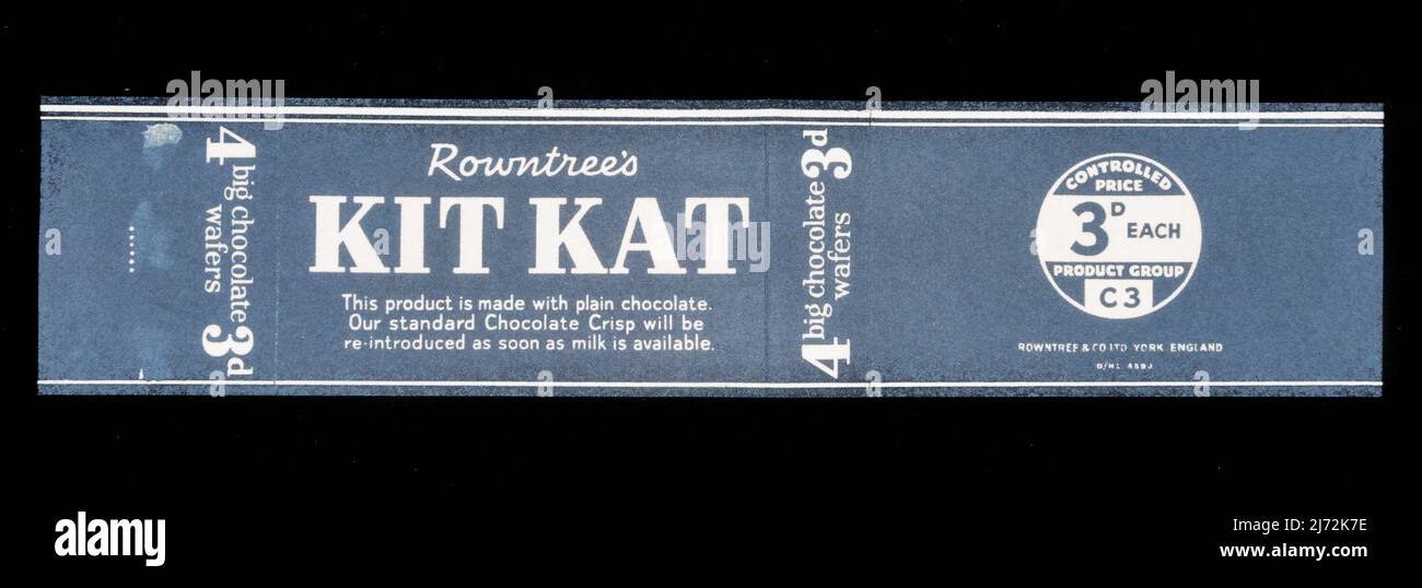 Replica Rowntree's KitKat confectionery/sweet wrapper (plain chocolate due to milk shortage): replica memorabilia relating to children during WWII. Stock Photo