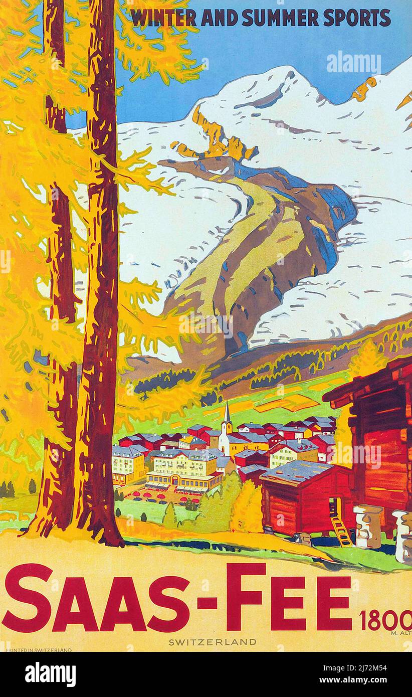 Vintage 1920s French Travel Poster - Saas-Fee ,1925 Stock Photo