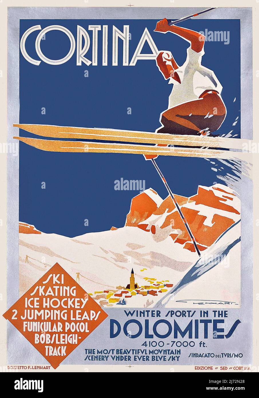 Vintage 1930s Travel Poster - Cortina Dolomites - Winter Sport, c 1930. Franz Lenhart (1898-1992). Stock Photo