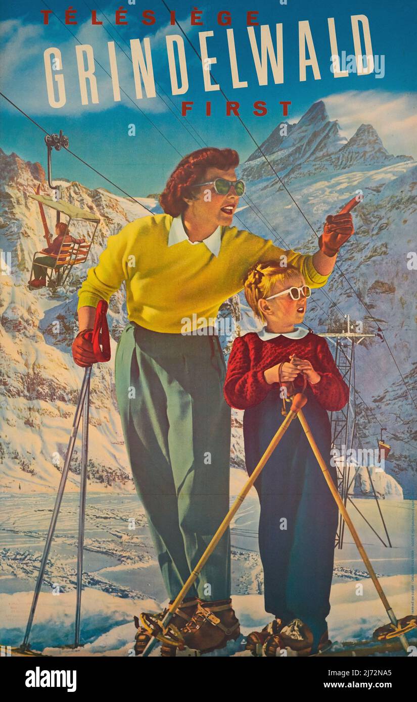 VINTAGE 1940s TRAVEL POSTER Grindelwald First, Télésiège Switzerland