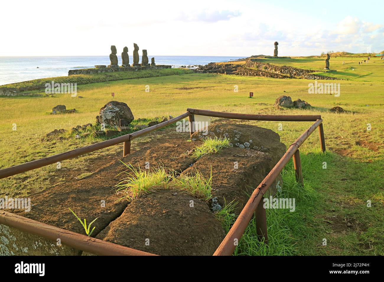 Archaeology Site with Ahu Tahai and Ahu Ko Te Riku Ceremonial Platform at the Pacific West Coast of Easter Island, Chile Stock Photo