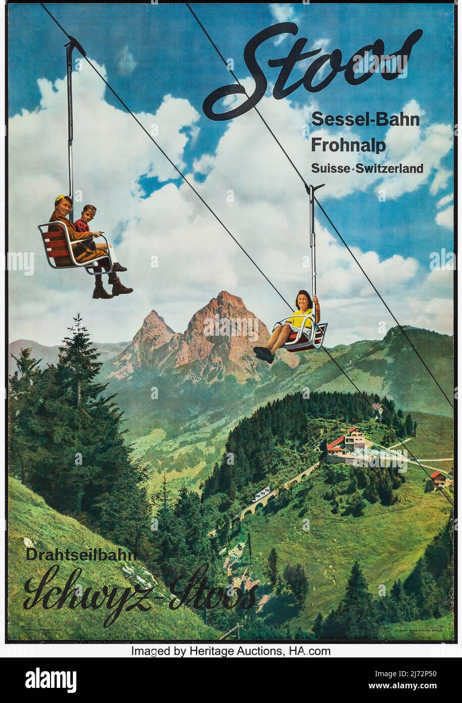 Stoos, Switzerland (1958). Rolled, Very Fine-. Swiss Travel Poster (27.5' X 39.5'). Miscellaneous. Featured is a Swiss travel poster advertising for t Stock Photo
