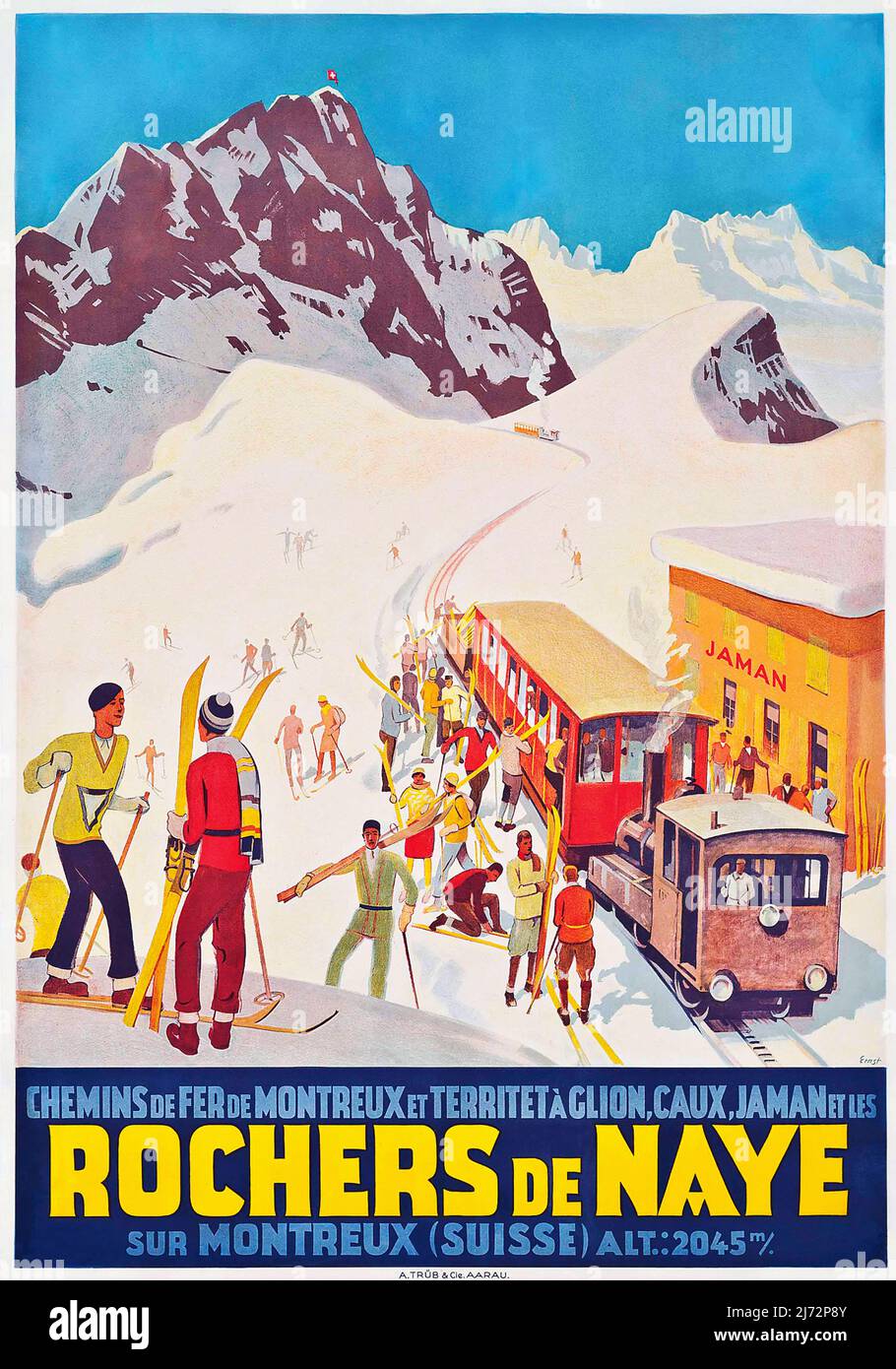 Vintage 1930s Travel Poster - Winter Sport - Otto Ernst (1884-1967) ROCHERS DE NAYE, 1930. Stock Photo