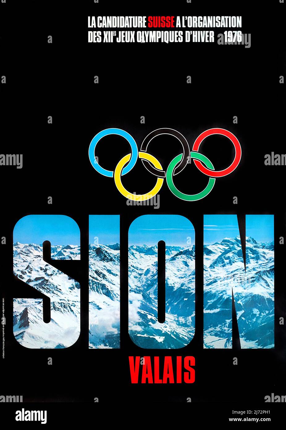 VIntage Olympic Winter Games Poster - Sion Valais, La candidature suisse à l'organisation des XIIes jeux olympiques d'hiver 1976 François GAY 1976 Stock Photo