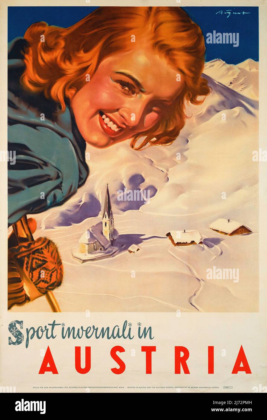 VINTAGE 1950s AUSTRIA TRAVEL POSTER -  Sport invernali in Austria Paul AIGNER circa 1950 Stock Photo
