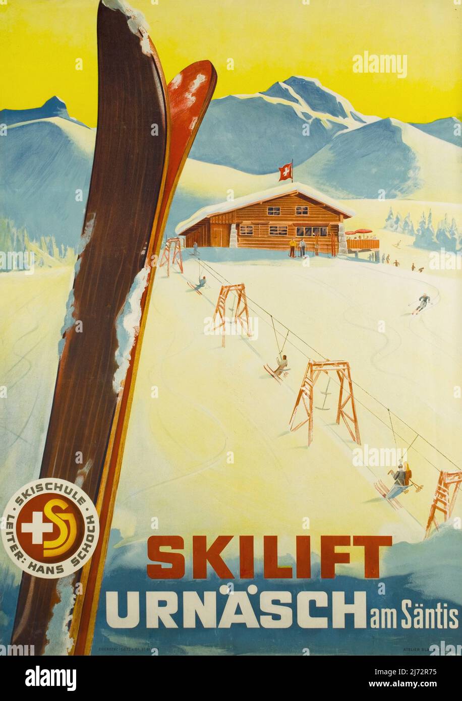 VINTAGE 1940s TRAVEL POSTER Urnäsch, Skilift am Säntis - Switzerland  A. BLANK 1944 Stock Photo
