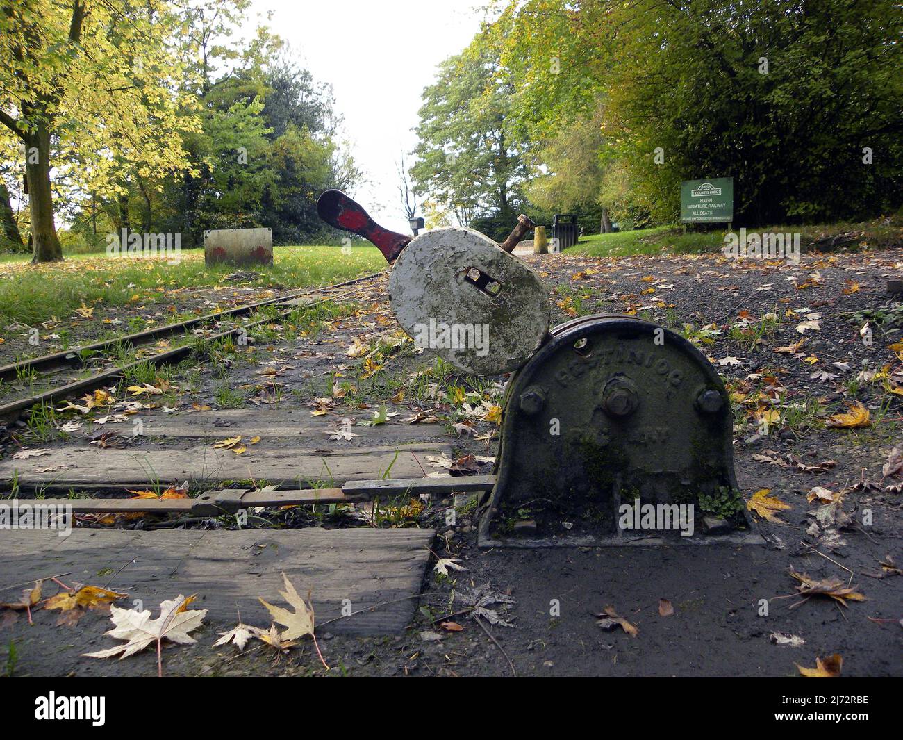 HAIGH COUNTRY PARK. WIGAN. ENGLAND. 21-10-16. A points switch for the park's miniature railway. Stock Photo
