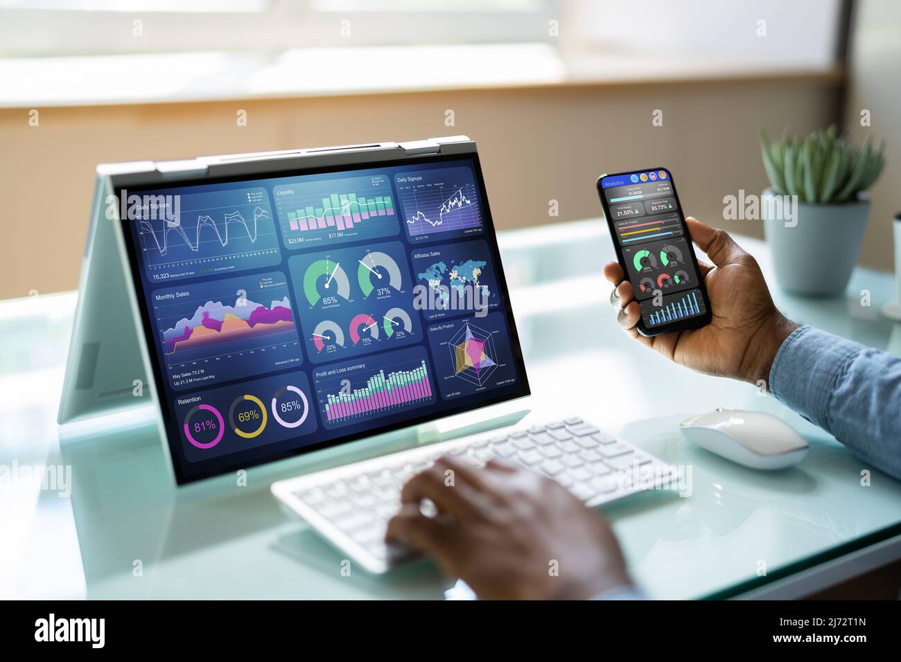Data Analyst Using Data Analytics KPI Dashboard Stock Photo