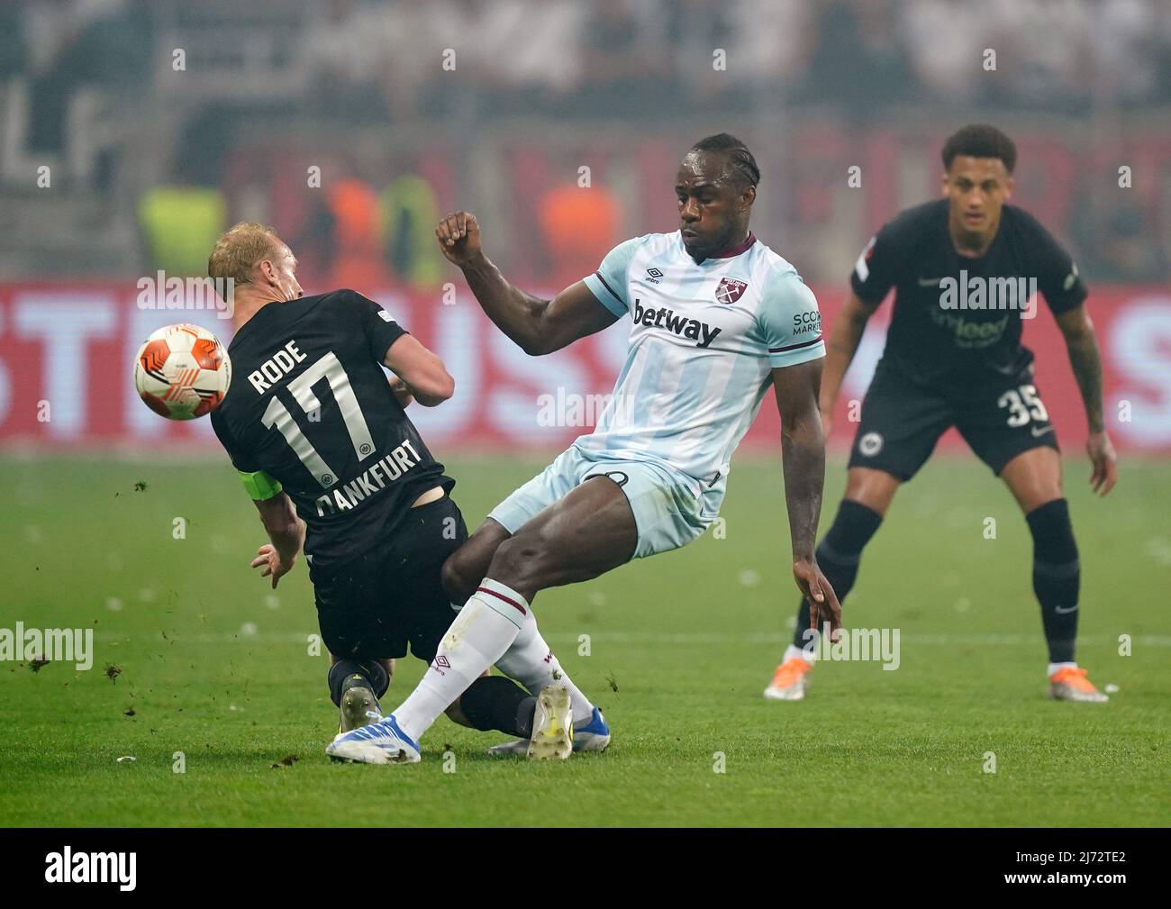 West Ham United's Michail Antonio battles for the ball with Eintracht Frankfurt’s Sebastian Rode during the Europa League semi-final, second leg match at the Deutsche Bank Park, Frankfurt. Picture date: Thursday May 5, 2022. Stock Photo