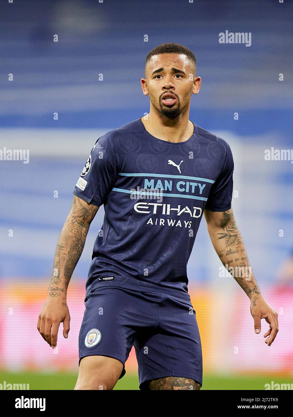 Gabriel Jesus of Manchester City during the UEFA Champions League match between Real Madrid and Mancheaster City played at Santiago Bernabeu Stadium on May 4, 2021 in Madrid Spain. (Photo by Ruben Albarran / PRESSINPHOTO) Stock Photo