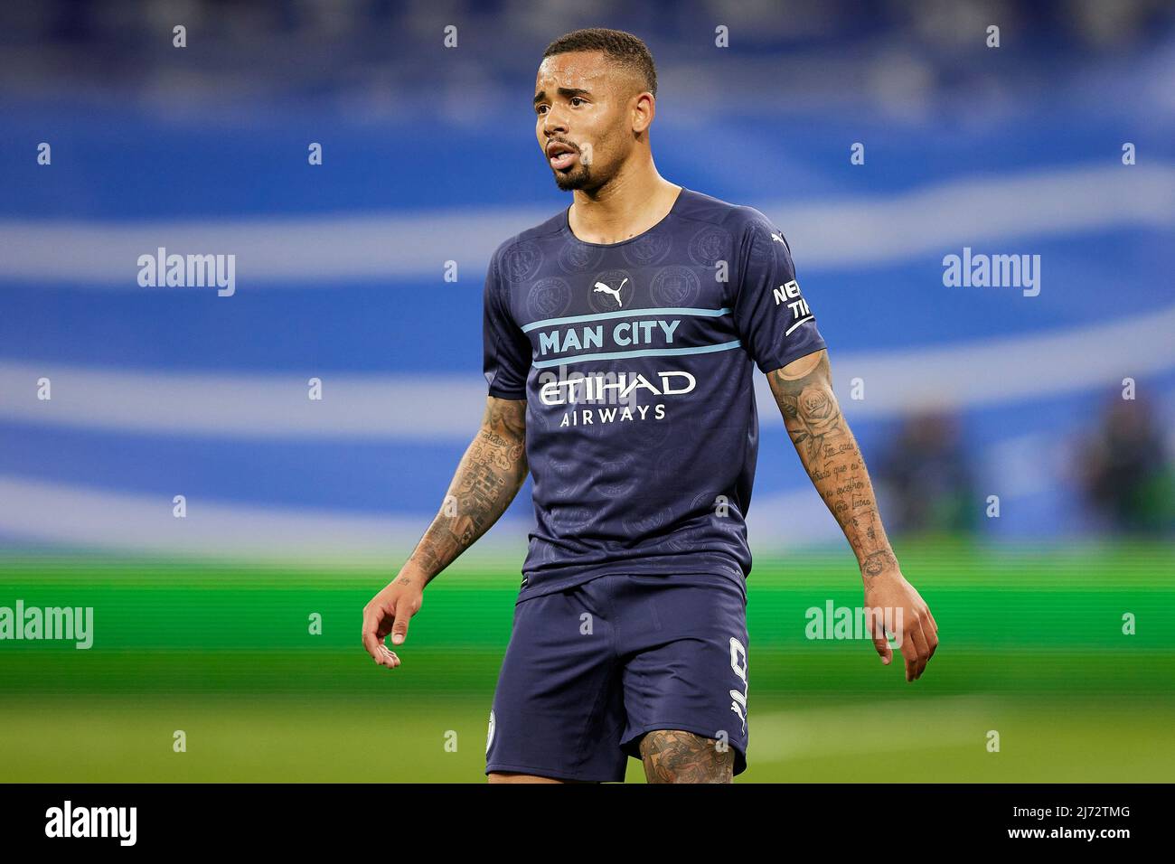 Gabriel Jesus of Manchester City during the UEFA Champions League match between Real Madrid and Mancheaster City played at Santiago Bernabeu Stadium on May 4, 2021 in Madrid Spain. (Photo by Ruben Albarran / PRESSINPHOTO) Stock Photo