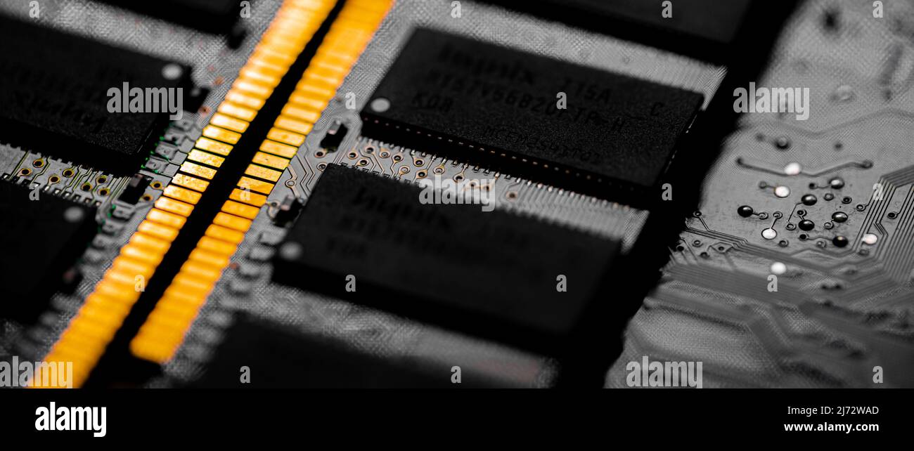Macro Close up of computer RAM chip; random access memory chip slot for