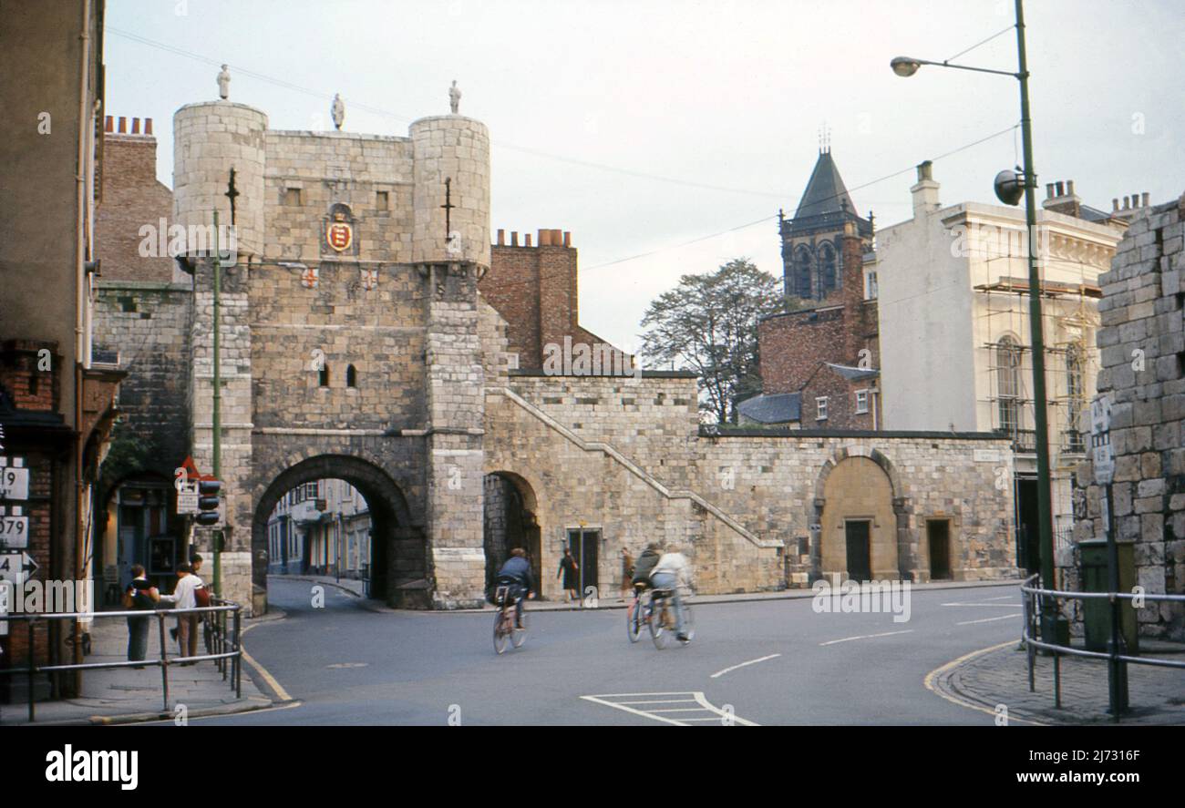 A photograph of Bootham Bar taken from the junction of Bootham, Gillygate and St. Leonard’s Place, York, North Yorkshire. 1967. This bar stands almost on the site of porta principalis dextra, the north-western gate of Eboracum. Stock Photo