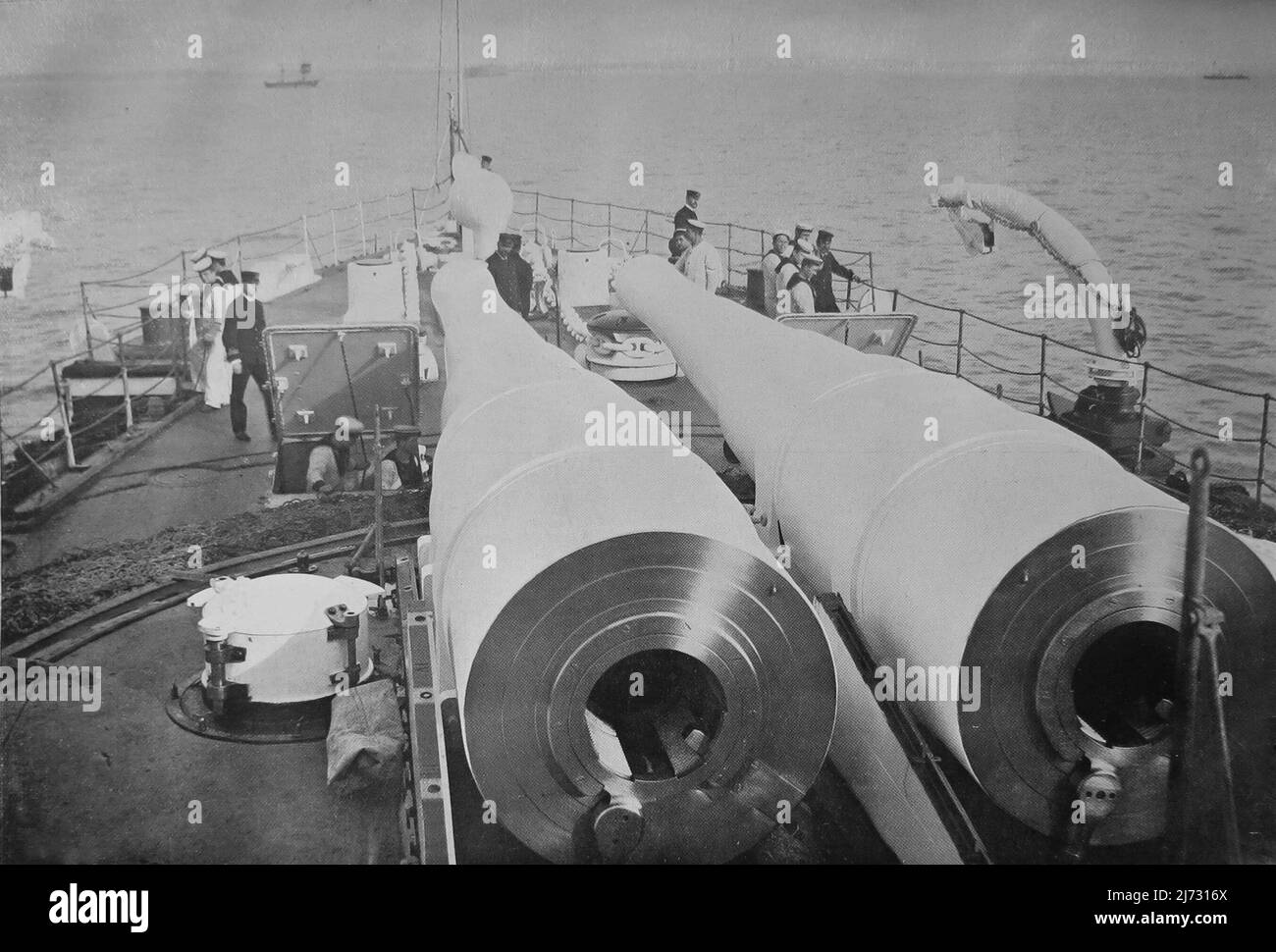 Looking forward on board the pre-dreadnought battleship, H.M.S. Royal Sovereign. Taken at Spithead in November 1894. The photograph was taken from the fore bridge and shows the tow 67-ton guns mounted in the forward barbette. Stock Photo