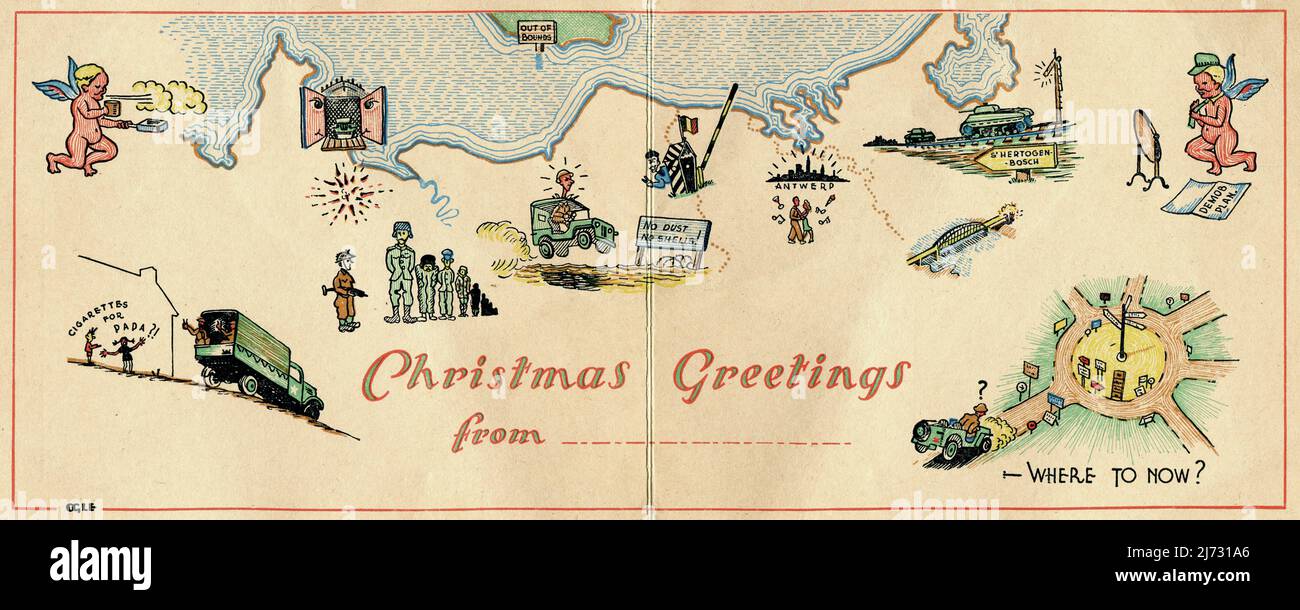 A Second World War comical Christmas greetings card made in 1944 for members of the British Army’s 53rd (Welsh) Infantry Division who were serving in North-West Europe. The card depicts the Division’s route from Normandy, France to 's-Hertogenbosch, The Netherlands. Stock Photo