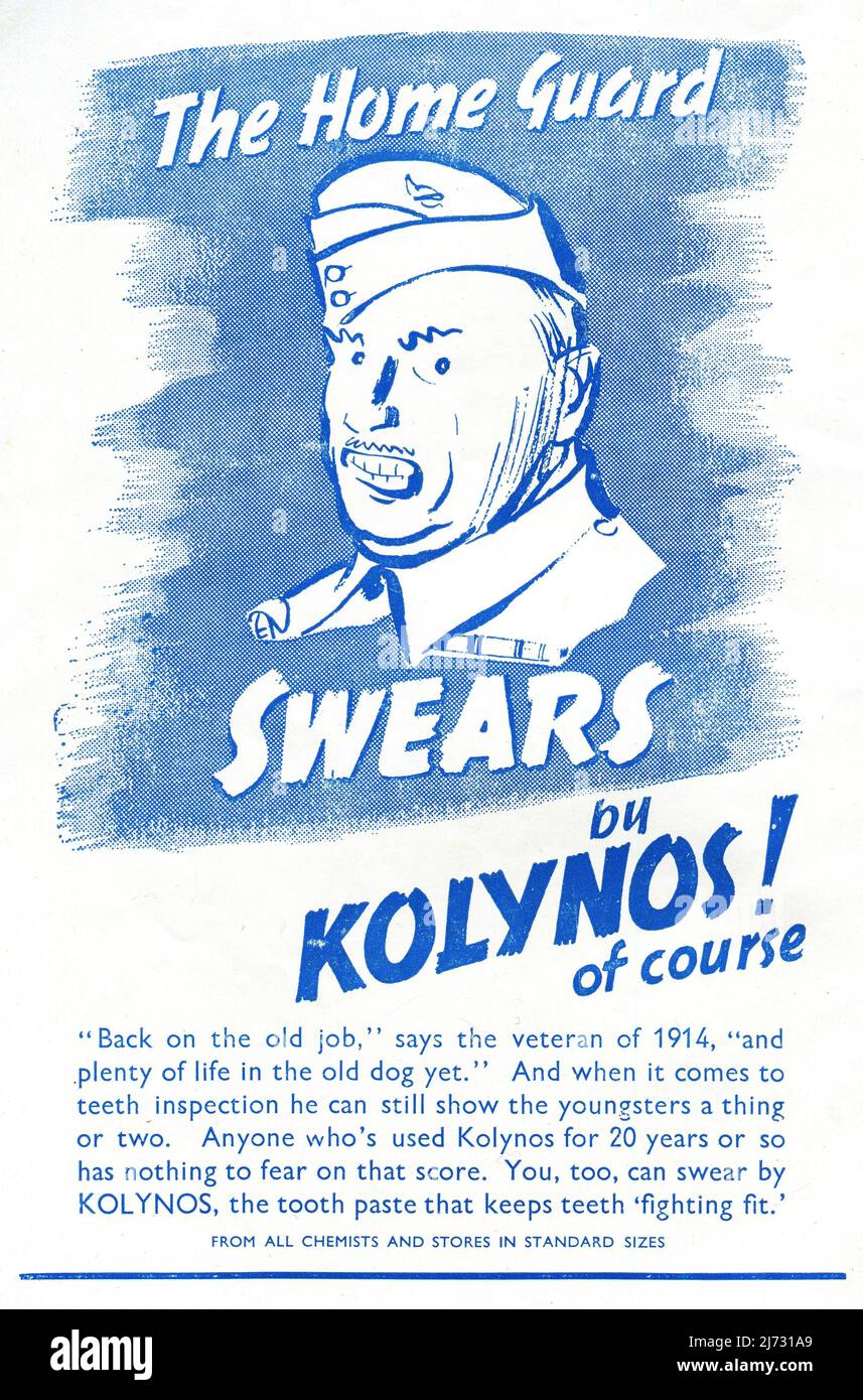 A Second World War period advertisement promoting ‘Koylnos’ toothpaste. “The Home Guard Swears by Kolynos! of course – ‘Back on the old job,’ says the veteran of 1914, ‘and plenty of life in the old dog yet.’ And when it comes to teeth inspection he can still show the youngsters a thing or two. Anyone who's used Kolynos for 20 years or so has nothing to fear on that score. You, too, can swear by Koylnos, the toothpaste that keeps teeth fighting fit.” Stock Photo