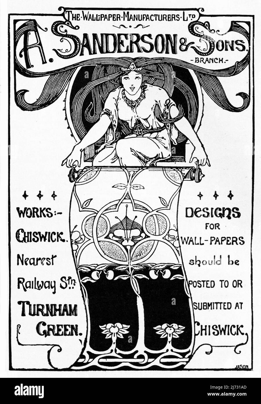 A 1903 ‘Arts Nouveau’ style advertisement promoting “A. Sanderson & Sons, Wallpaper Manufacturers of Chiswick, London. Stock Photo