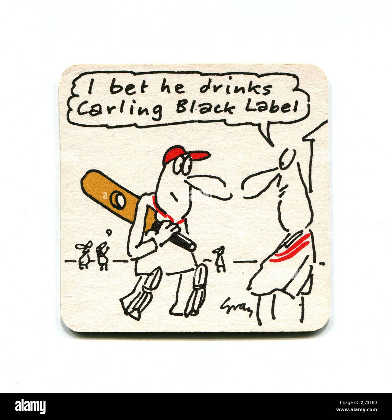 A vintage Carling Black Label beer mat produced as a promotional item for the popular “I bet he drinks Carling Black Label” 1980s advertising campaign. The mat is decorated with a comical image featuring a cricketer returning to the pavilion with a hole in his cricket bat, made by the ball. Stock Photo