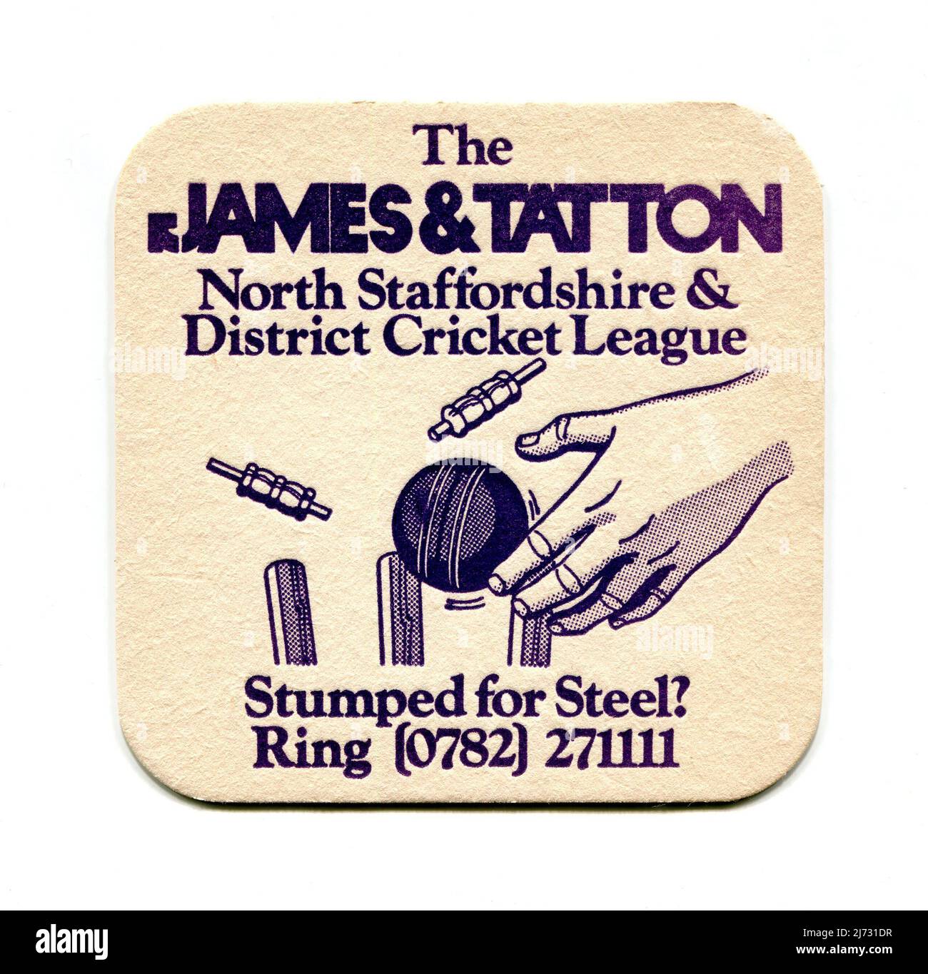 A vintage beer mat produced as a promotional item for the James & Tatton steel company, advertising its sponsorship of the North Staffordshire & District Cricket League. Stock Photo