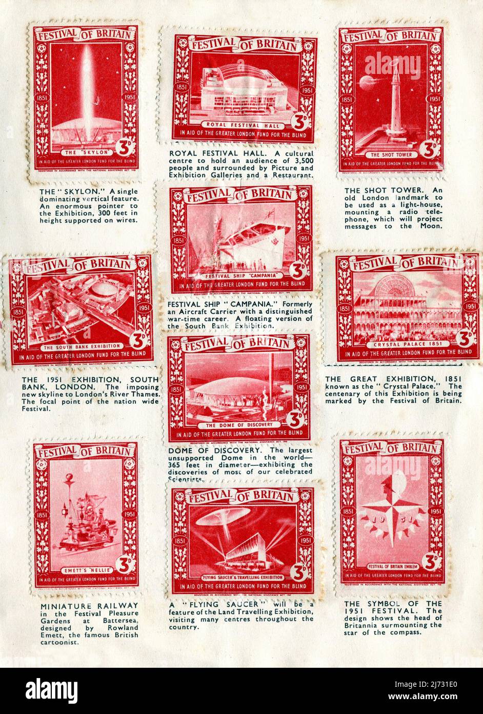 A collection of commemorative postage stamps produced as a souvenir of the Festival of Britain exhibition in 1951 and sold in aid of ‘The Greater London Fund Tor The Blind’. Each stamp is a miniature reproduction of festival posters. The stamps depict The ‘Skylon’; The Royal Festival Hall; The Shot Tower; The 1951 Exhibition; South Bank London; The Festival Ship ‘Campania’ The Great Exhibition 1851; The Dome of Discovery; Rowland Emett’s Miniature Railway; A ‘Flying Saucer’; and The Symbol of the 1951 Festival. Stock Photo