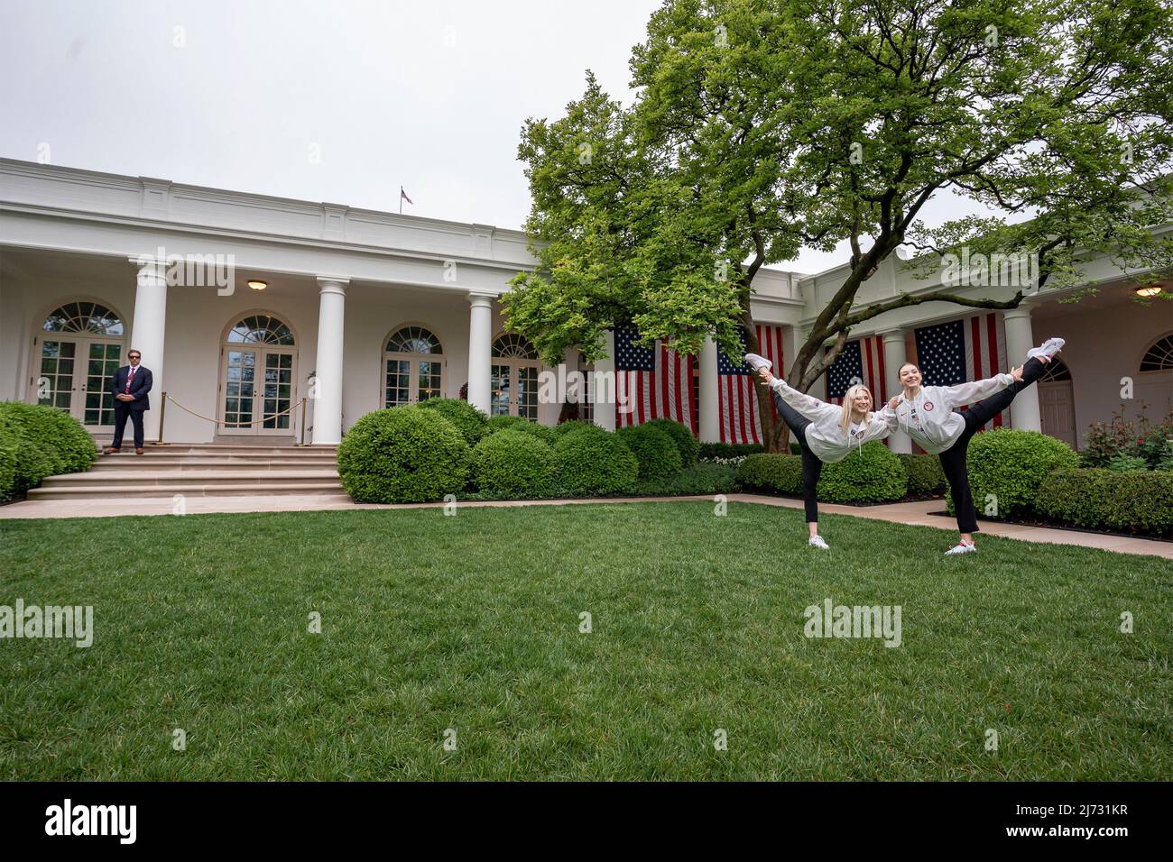 Washington, United States of America. 04 May, 2022. U.S Olympic gymnasts MyKayla Skinner, left, and Grace McCallum, right, pose together in the Rose Garden during an event welcoming the athletes that participated in the Tokyo 2020 Summer Olympic and Paralympics, Beijing 2022 Winter Olympic and Paralympics, May 4, 2022 in Washington, D.C.  Credit: White House Photo/White House Photo/Alamy Live News Stock Photo