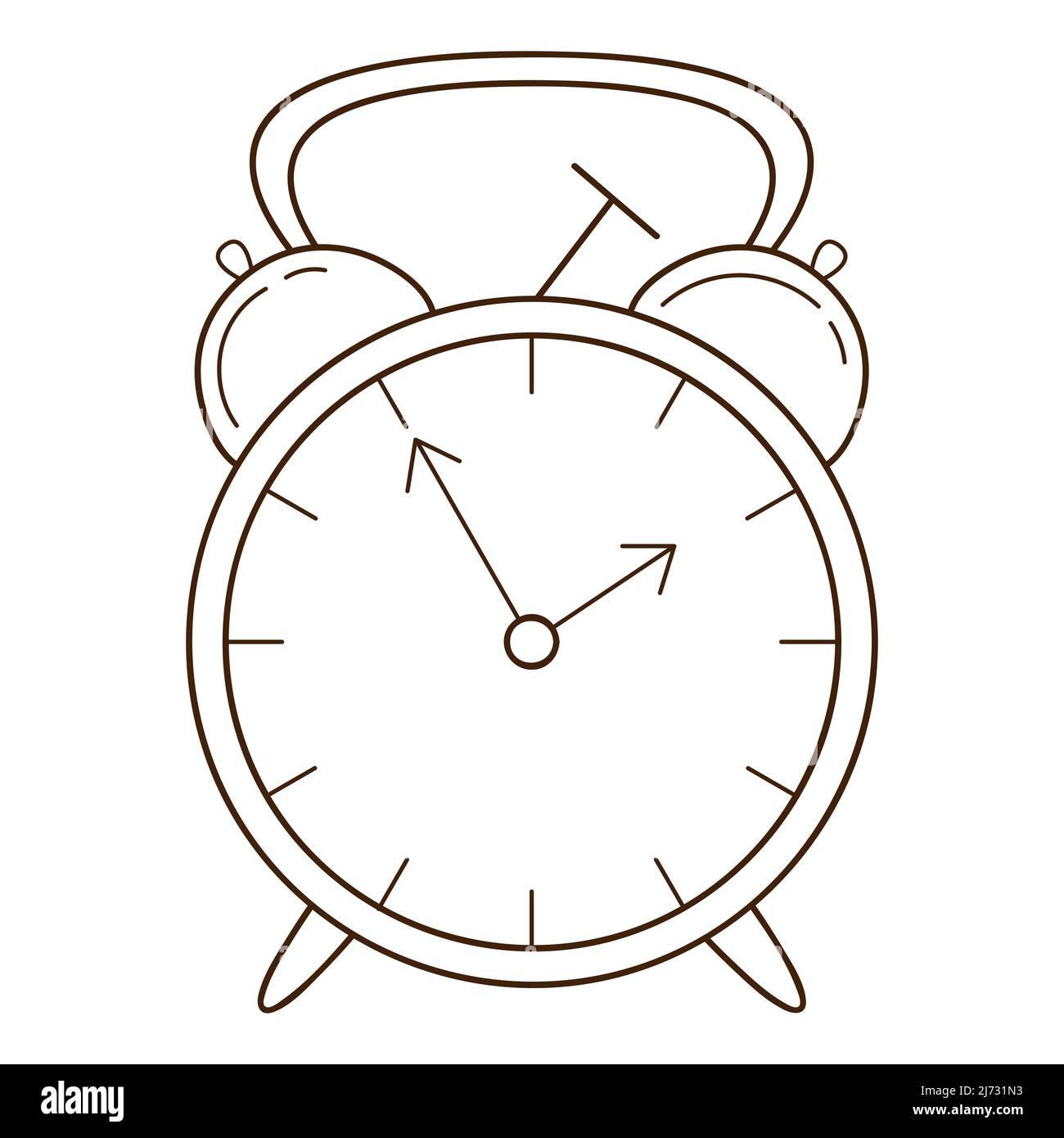 Classic mechanical alarm clock with a hammer. Design element with outline. Doodle, hand-drawn. Black white vector illustration. Isolated on a white ba Stock Vector