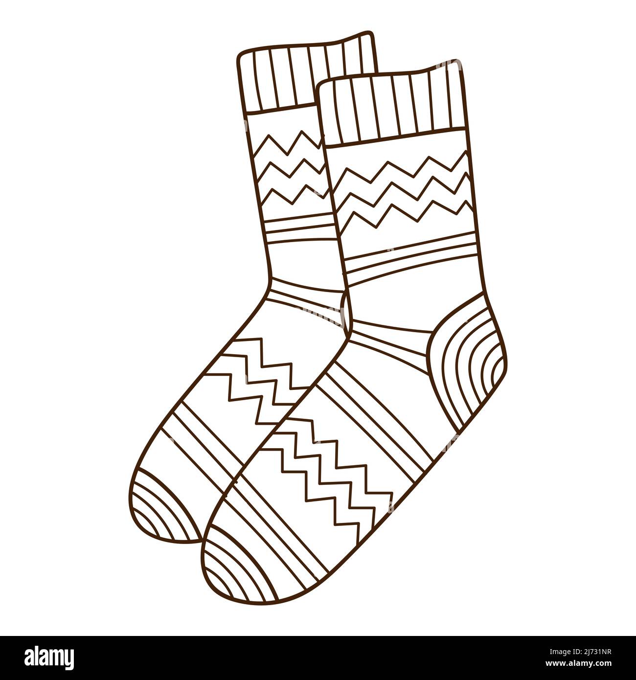 A pair of warm patterned socks. Autumn and winter clothing. Design element with outline. The theme of winter, autumn. Doodle, hand-drawn. Black white Stock Vector