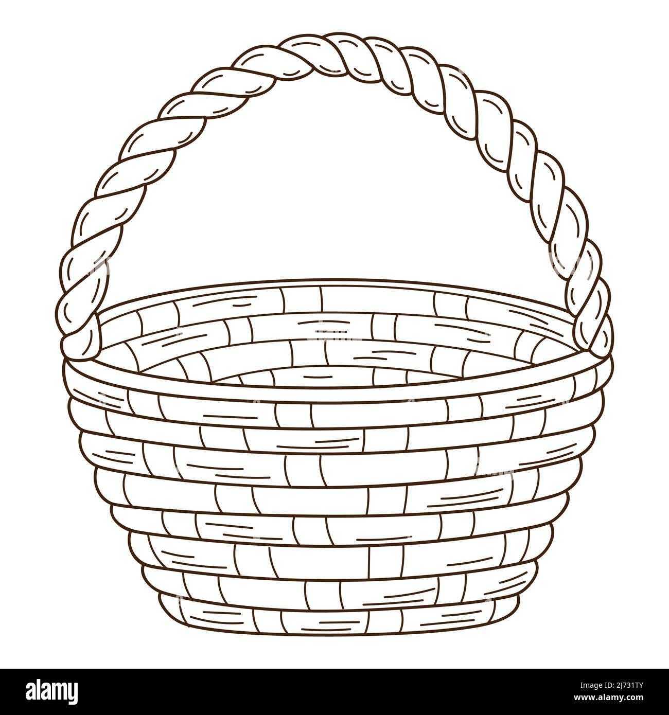 An empty wicker basket. Decorative element with an outline. Doodle, hand-drawn. Black white vector illustration. Isolated on a white background. Stock Vector
