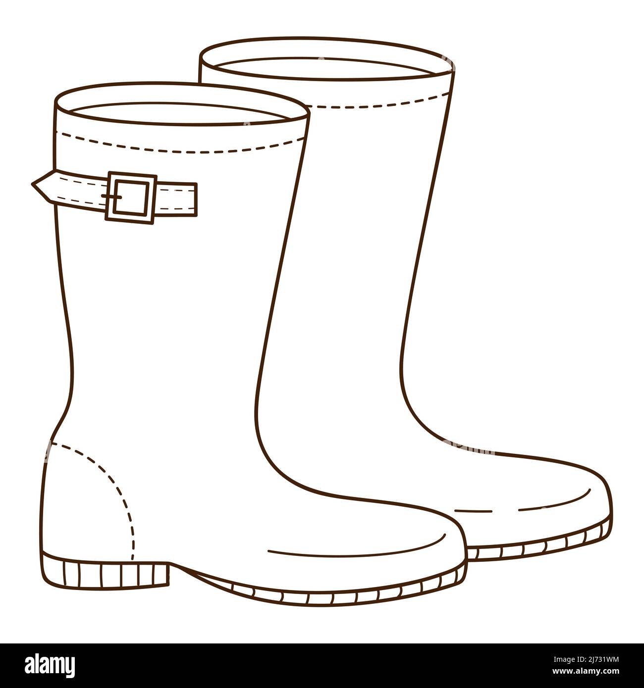 Rubber boots with a strap. Footwear.. Design element with outline. The theme of winter, autumn. Doodle, hand-drawn. Black white vector illustration. I Stock Vector