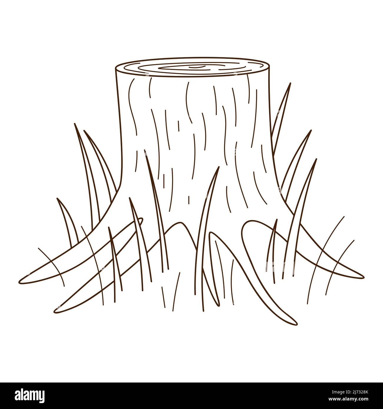 A stump of a tree. Forest, nature. Decorative element with an outline. Doodle, hand-drawn. Black white vector illustration. Isolated on a white backgr Stock Vector