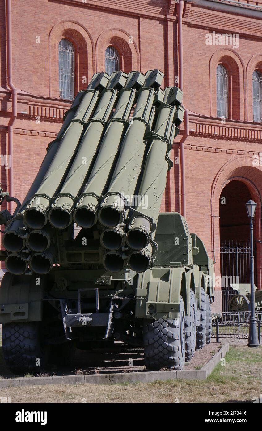 multi-barreled multiple launch rocket launcher in a combat position rear view Stock Photo