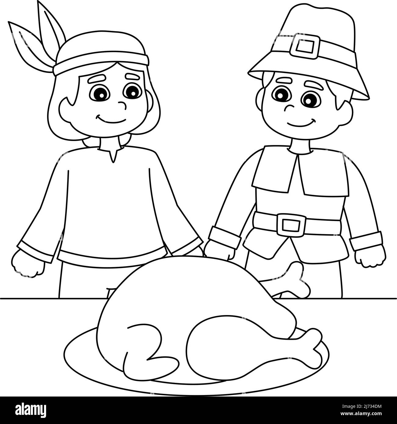 Thanksgiving Pilgrim Native American Boy Coloring Stock Vector