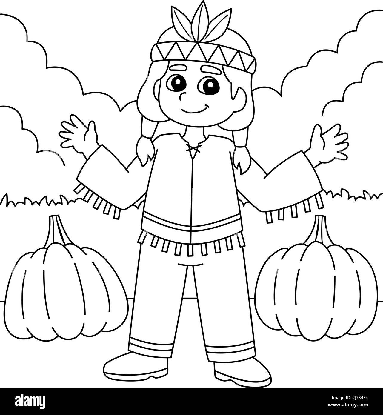 Thanksgiving Native American Pumpkin Boy Coloring Stock Vector