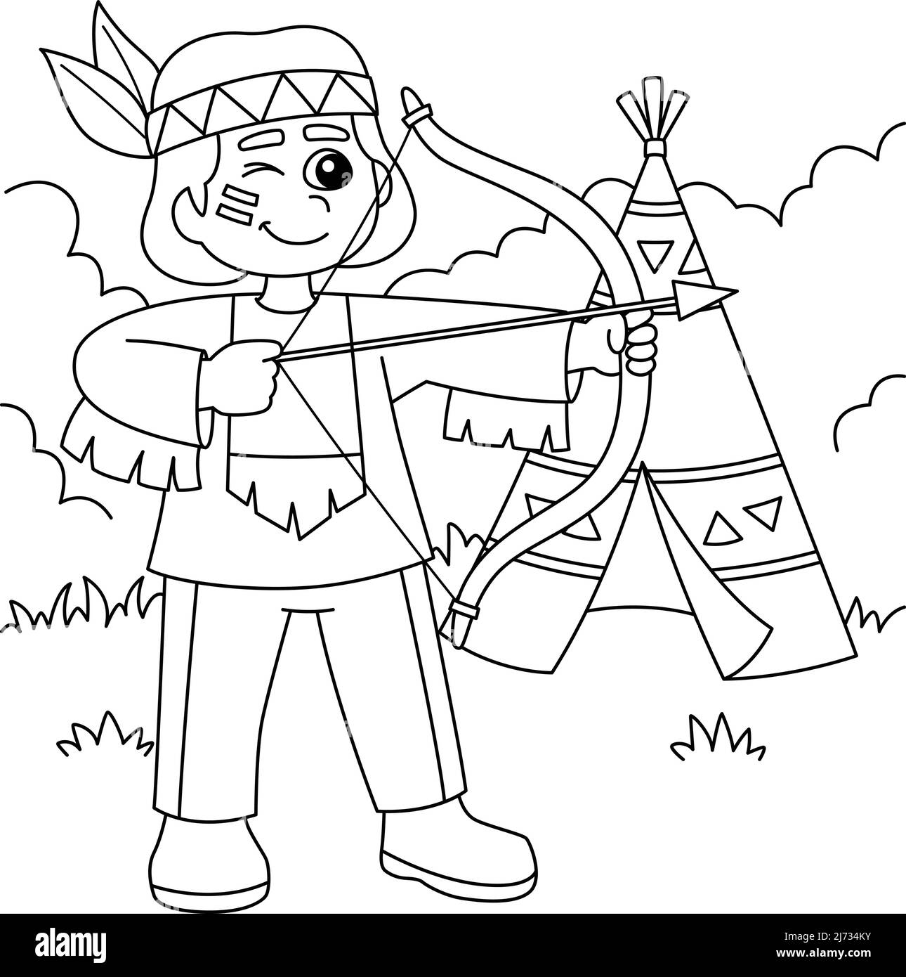 Native American Holding A Bow Coloring Page Stock Vector