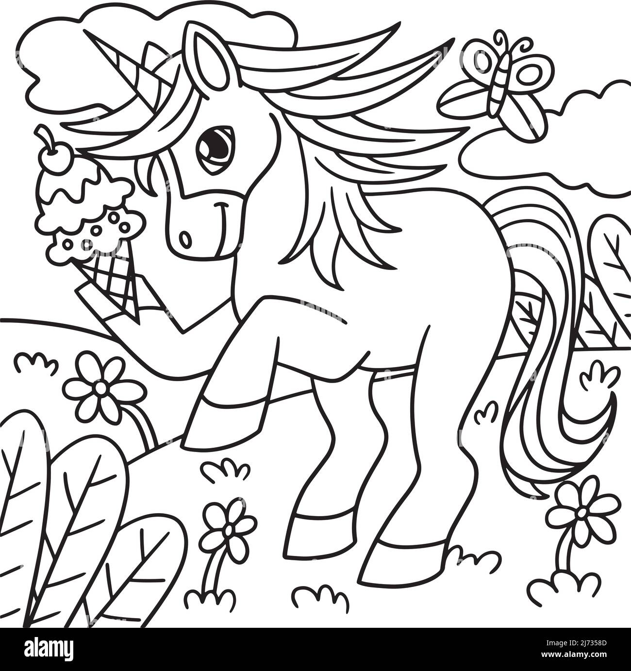 Unicorn With Ice Cream In The Hand Coloring Page Stock Vector