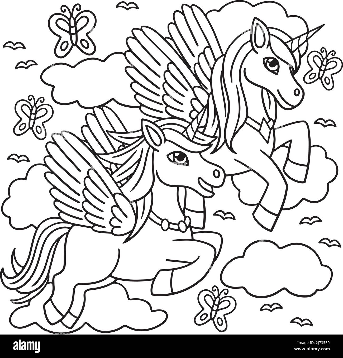 Flying Unicorns Coloring Page for Kids Stock Vector