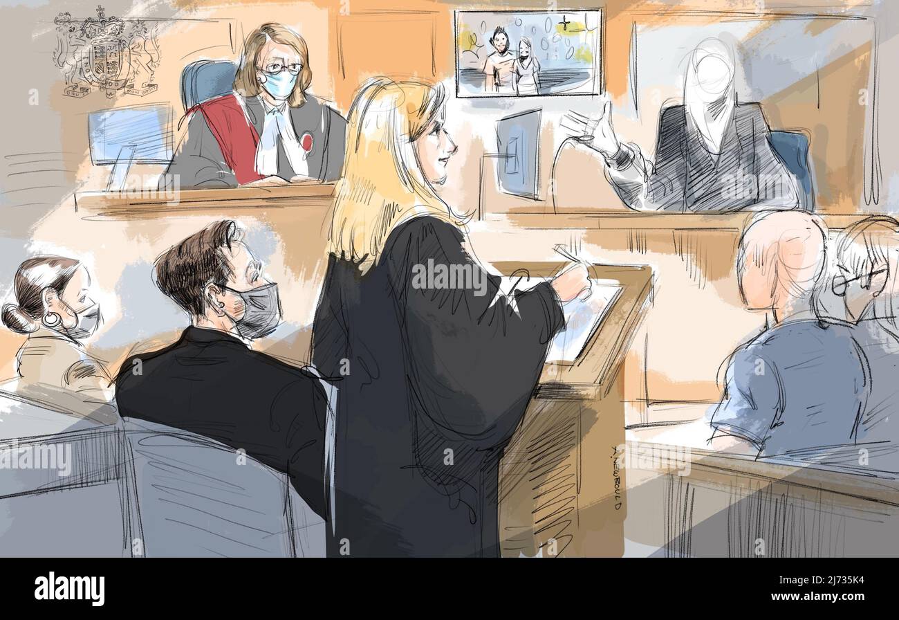 Rebekah Asselstine, (left to right) Jacob Hoggard, Justice Gillian Roberts, crown attorney Kelly Slate, a complainant in the case and members of the jury are shown at Hoggard's trial in Toronto, Thursday, May 5, 2022. THE CANADIAN PRESS/Alexandra Newbould Stock Photo