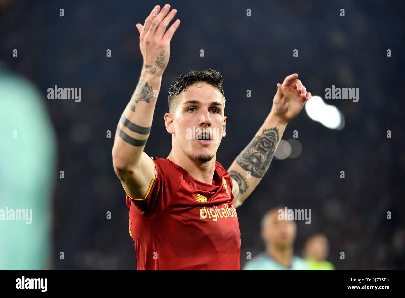 Nicolo Zaniolo of AS Roma cheers the fans during the Conference league semi final 2nd leg football match between AS Roma and Leicester City FC at Olimpico stadium in Rome (Italy), May 5th,  2022. Photo Andrea Staccioli / Insidefoto Stock Photo