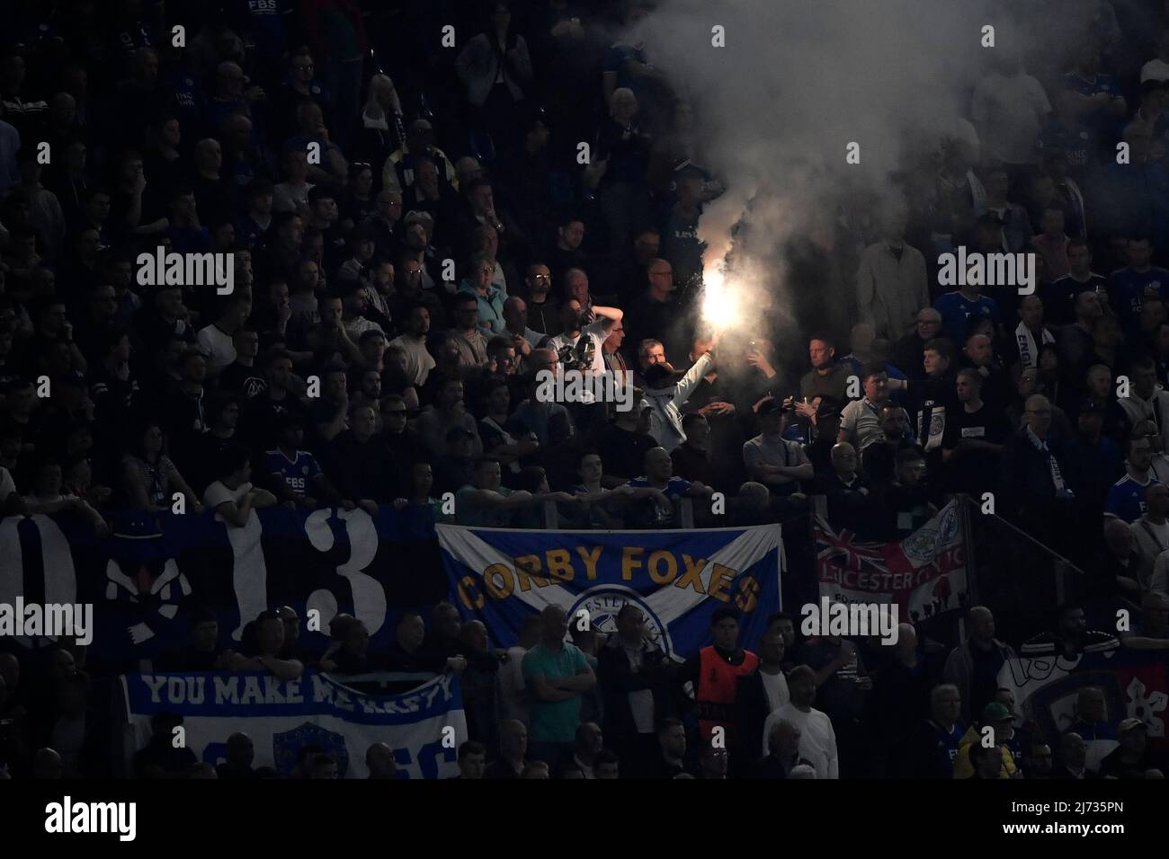 Leicester fans cheer on during the Conference league semi final 2nd leg football match between AS Roma and Leicester City FC at Olimpico stadium in Rome (Italy), May 5th,  2022. Photo Andrea Staccioli / Insidefoto Stock Photo