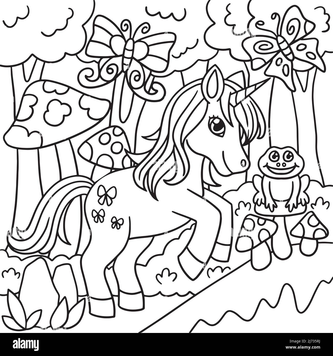 Unicorn In A Forest Coloring Page for Kids Stock Vector
