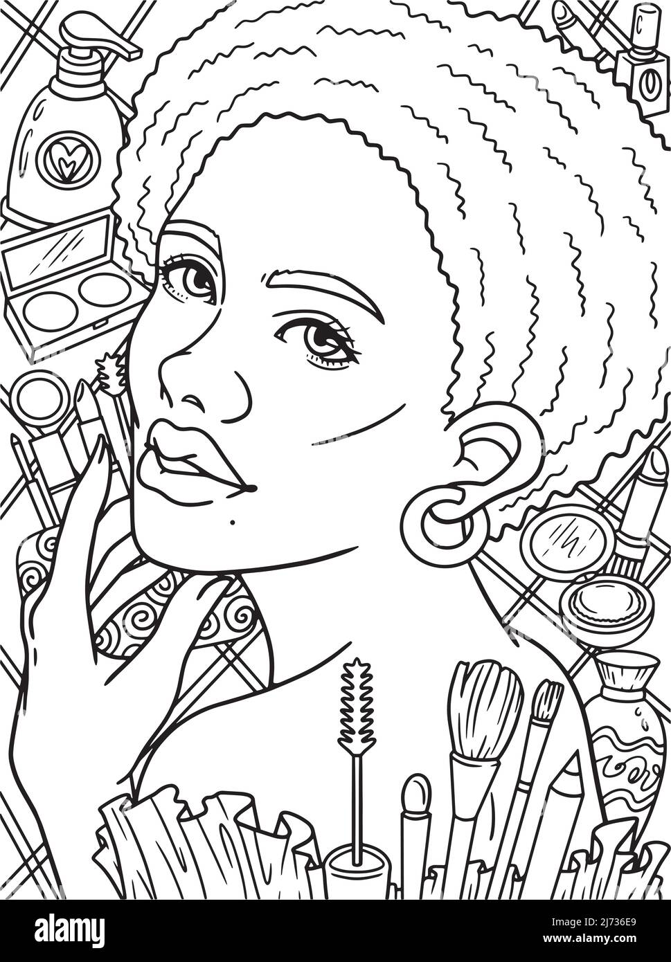 Afro American Woman Make-Up Adult Coloring Page  Stock Vector