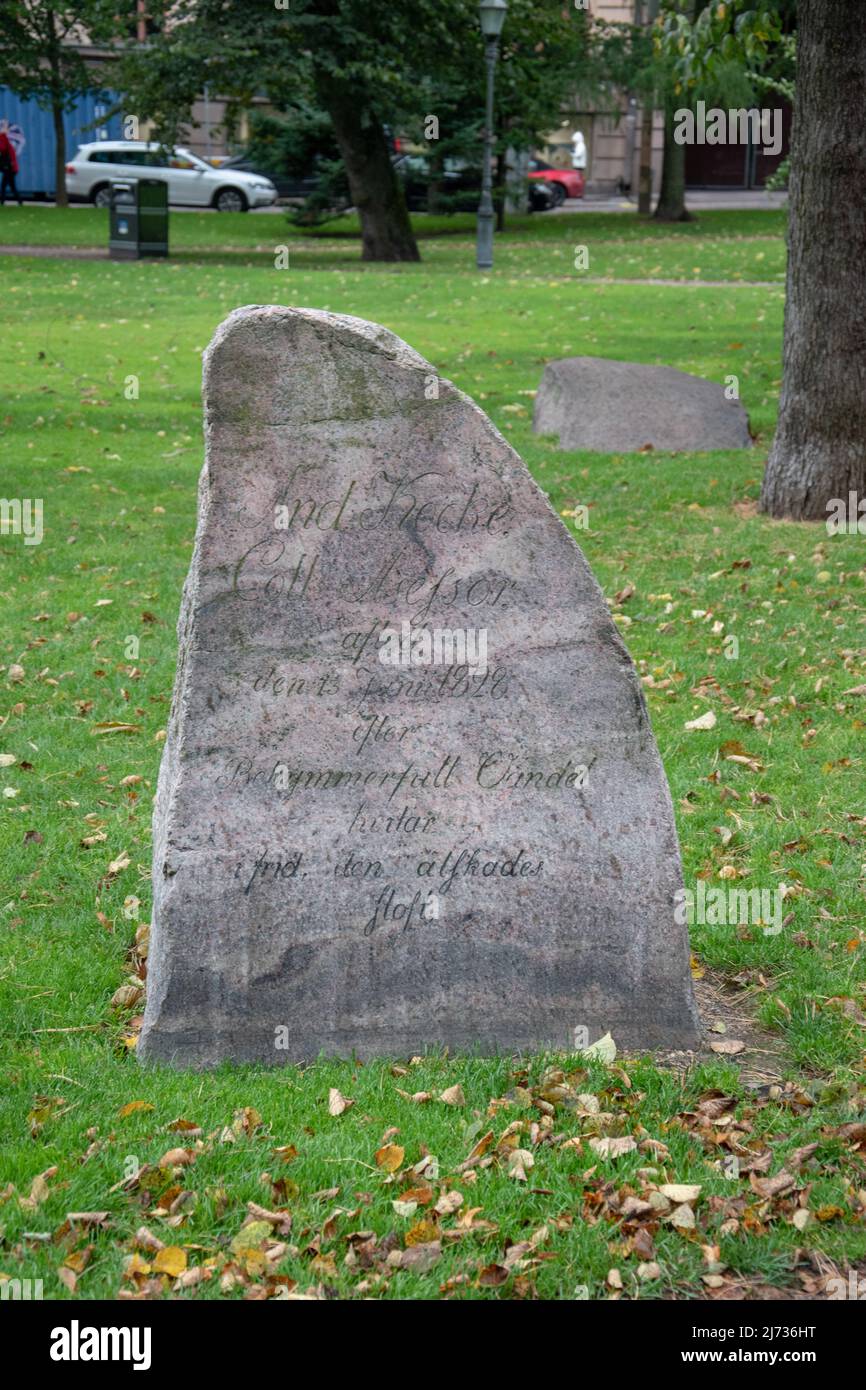 Tombstone in Old Church Park in Helsinki Finland. It was used as a graveyard from the 1780s to 1829, although some victims of the Finnish Civil War an Stock Photo
