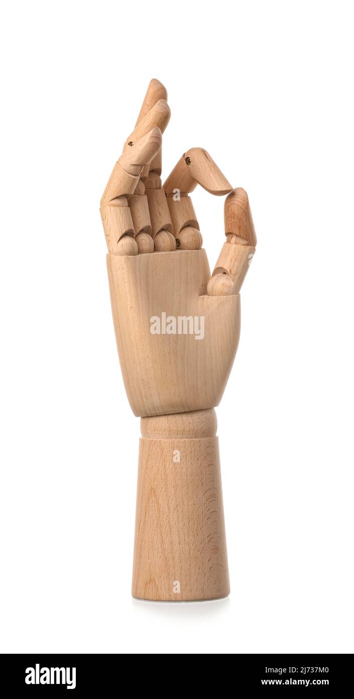 Wooden hand showing OK on white background Stock Photo Alamy