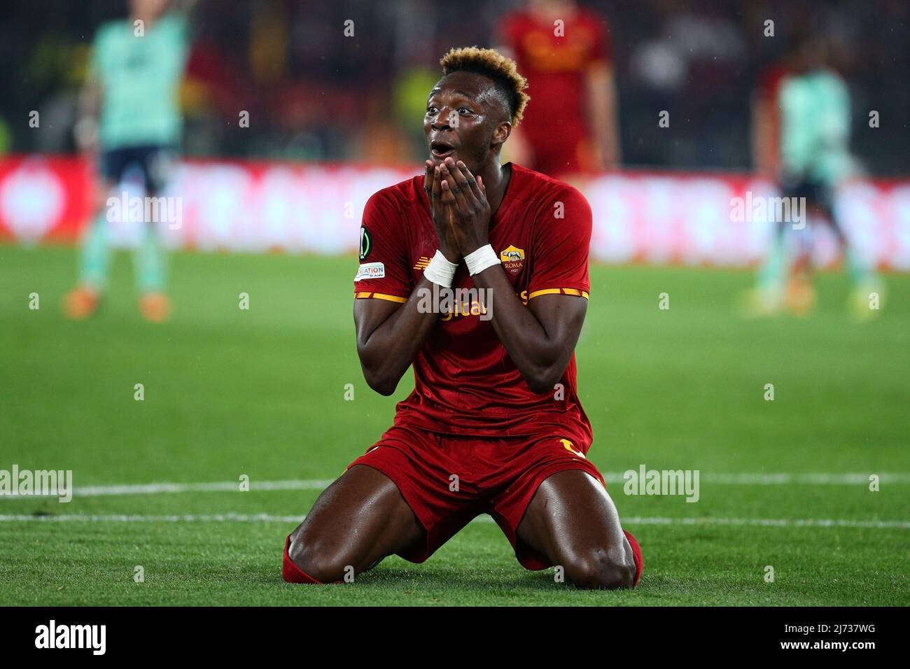 Tammy Abraham of Roma reacts during the UEFA Conference League, Semi-finals, 2nd leg football match between AS Roma and Leicester City on May 5, 2022 at Stadio Olimpico in Rome, Italy - Photo: Federico Proietti/DPPI/LiveMedia Stock Photo