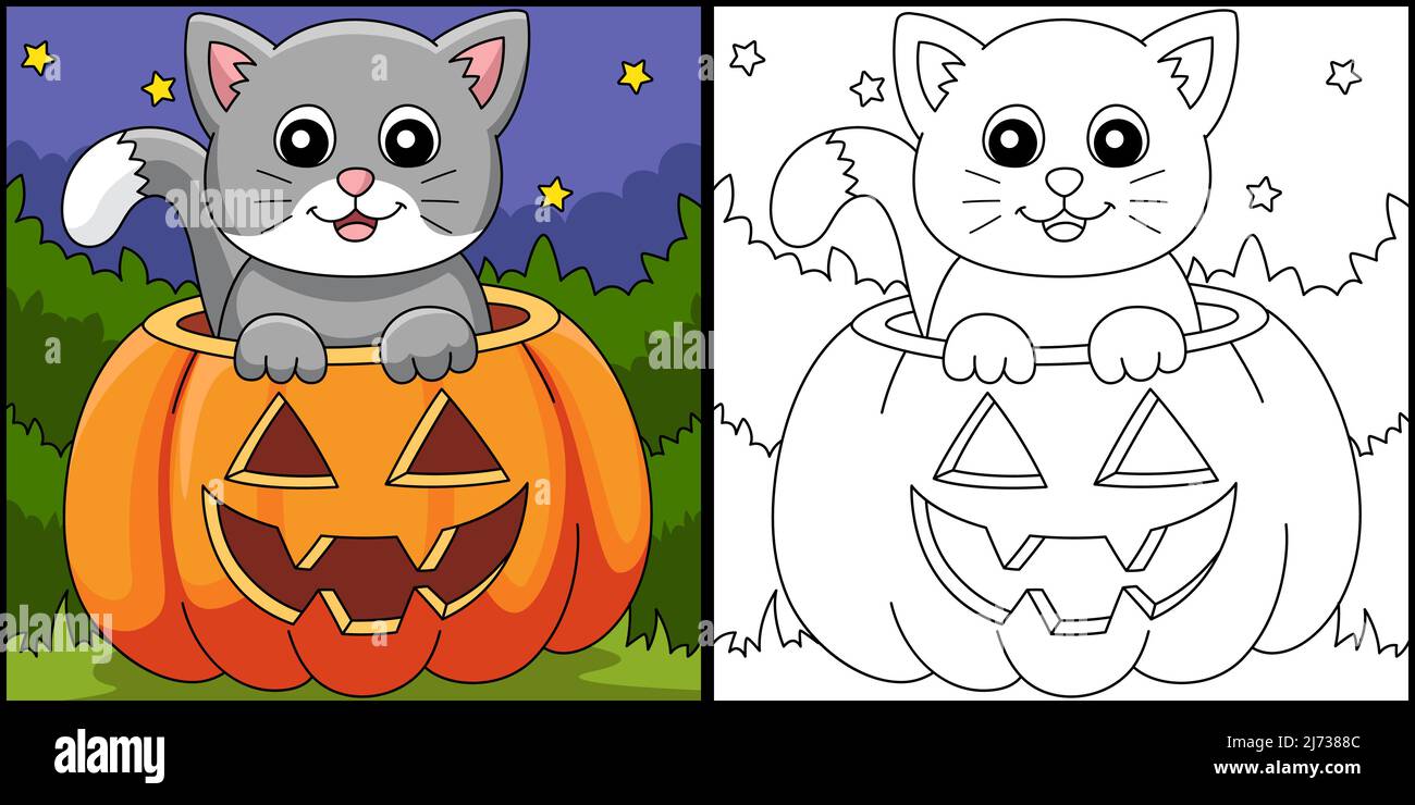 Pumpkin Cat Halloween Coloring Page Illustration Stock Vector