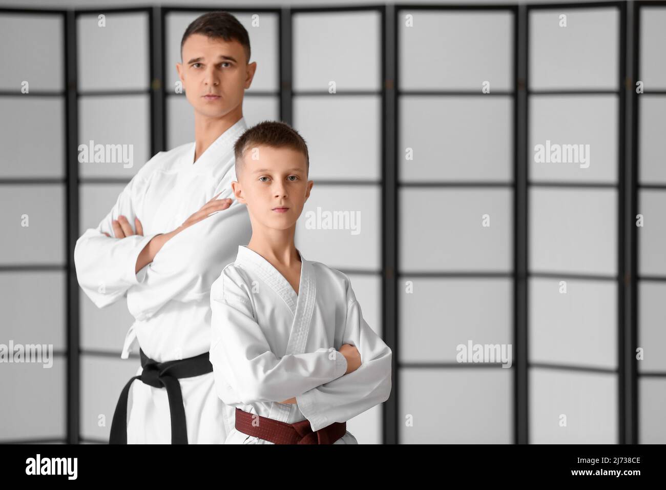 Boy and karate instructor in dojo Stock Photo - Alamy