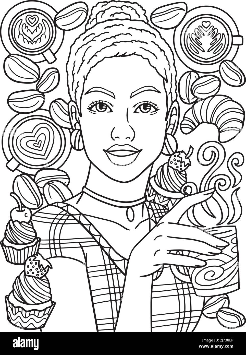 Afro American Woman Drinking Coffee Adult Coloring Stock Vector