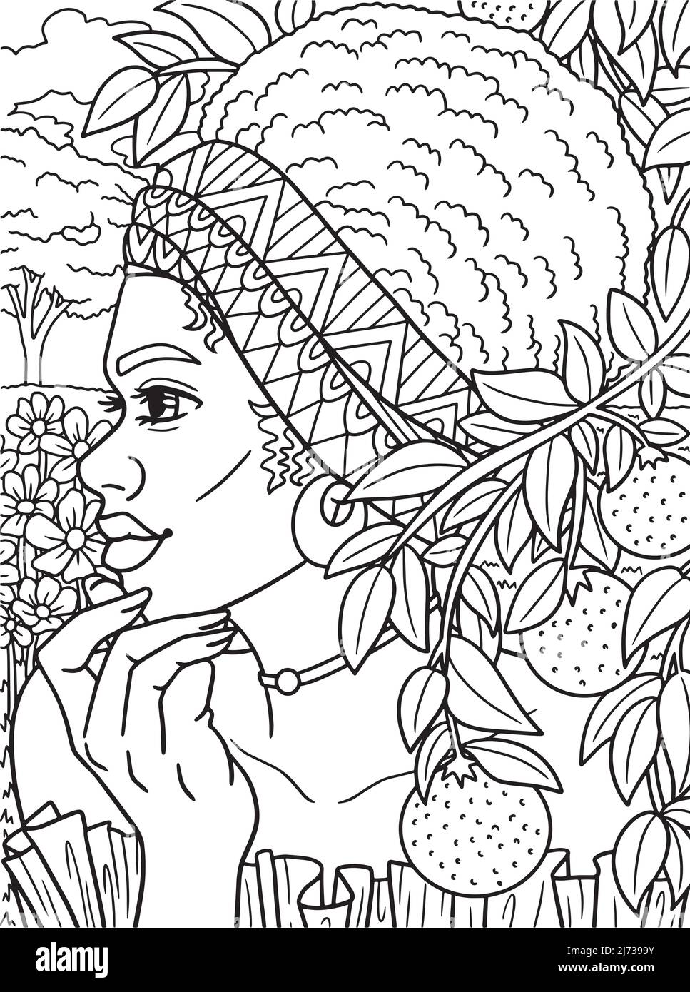 Afro American Woman With Fruit Adult Coloring  Stock Vector
