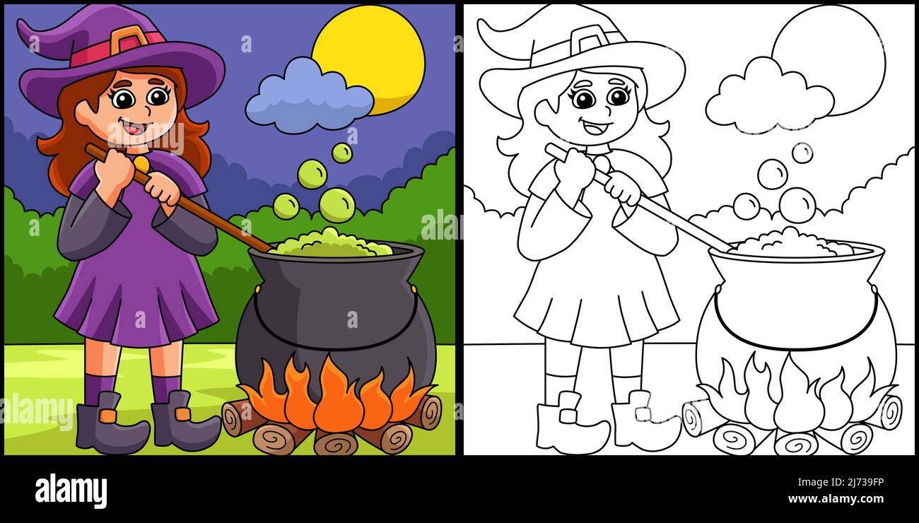 Witch Potion Pot Halloween Coloring Page Stock Vector